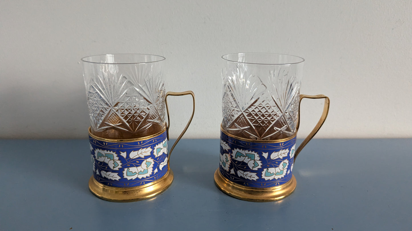 Neuvostoliittolaiset Podstakannik Teelasit (2kpl, Kristalli / Emaloitu Metalli)