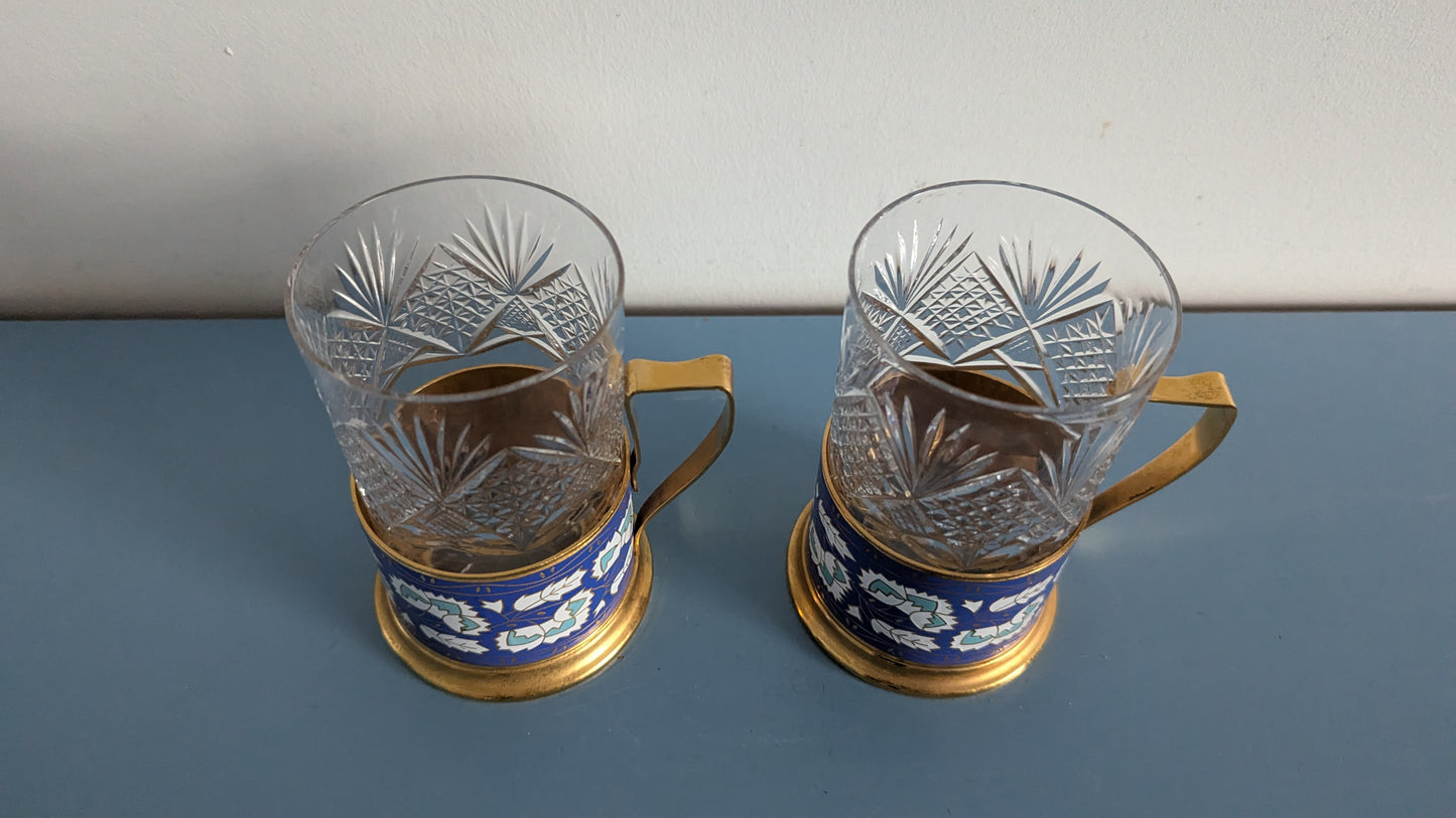 Neuvostoliittolaiset Podstakannik Teelasit (2kpl, Kristalli / Emaloitu Metalli)