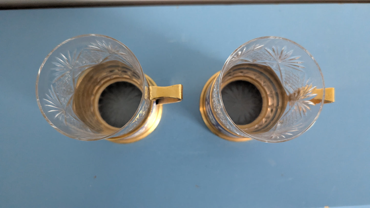 Neuvostoliittolaiset Podstakannik Teelasit (2kpl, Kristalli / Emaloitu Metalli)