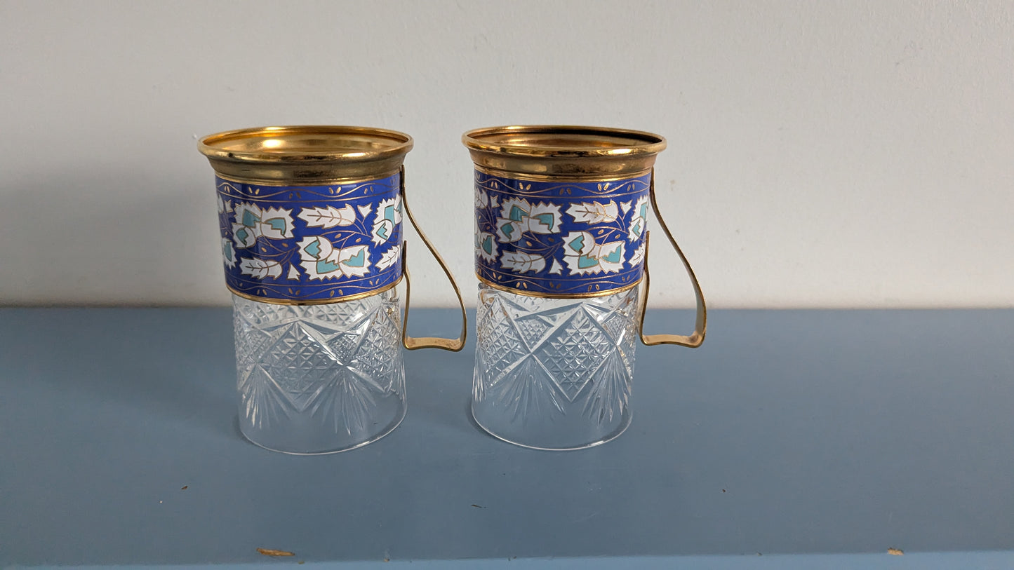 Neuvostoliittolaiset Podstakannik Teelasit (2kpl, Kristalli / Emaloitu Metalli)