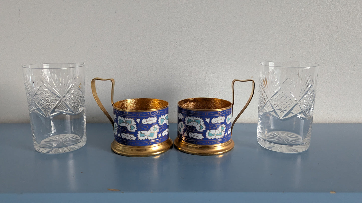 Neuvostoliittolaiset Podstakannik Teelasit (2kpl, Kristalli / Emaloitu Metalli)