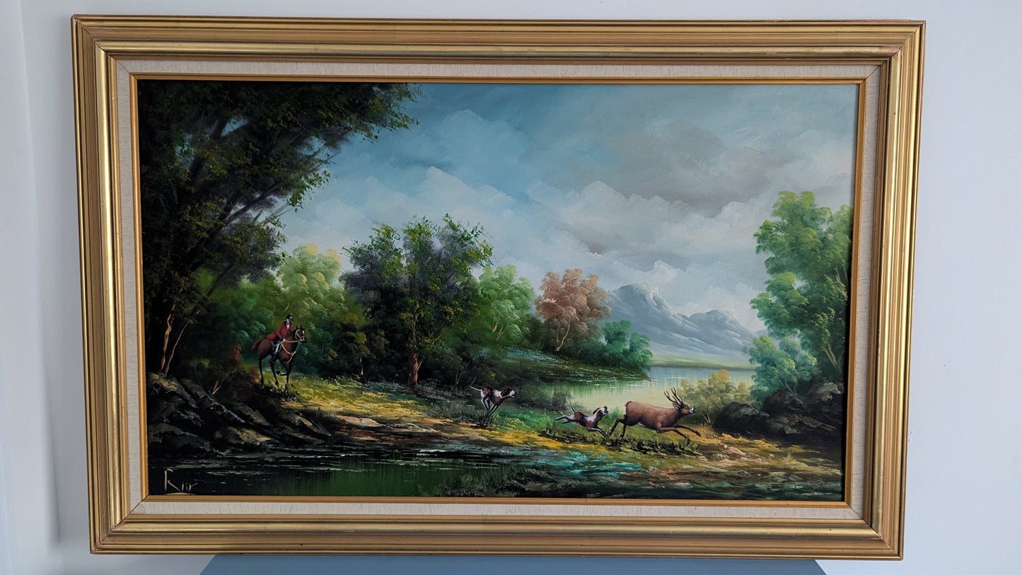 Signeerattu Metsästysaiheinen Öljyvärimaalaus