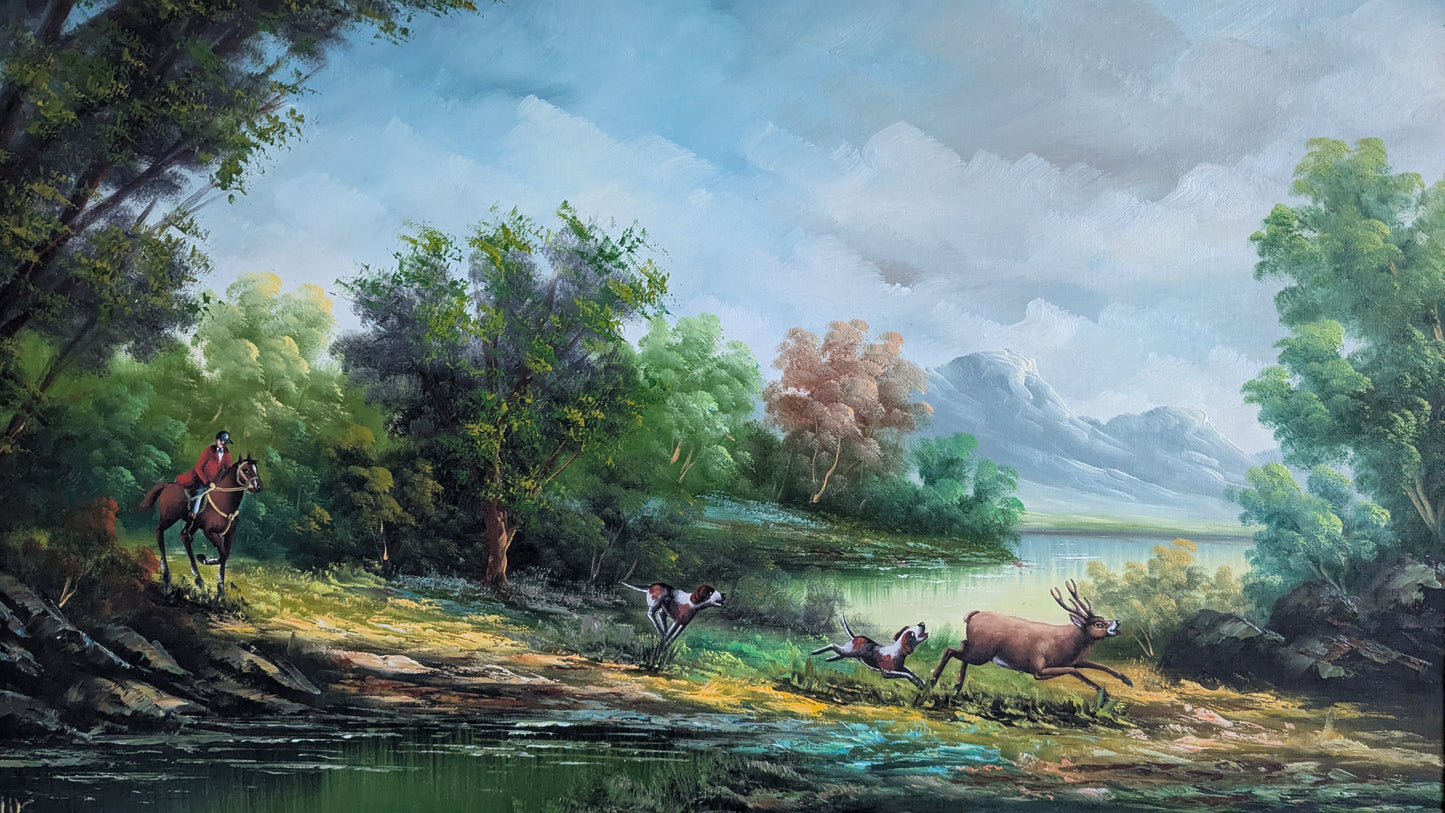 Signeerattu Metsästysaiheinen Öljyvärimaalaus