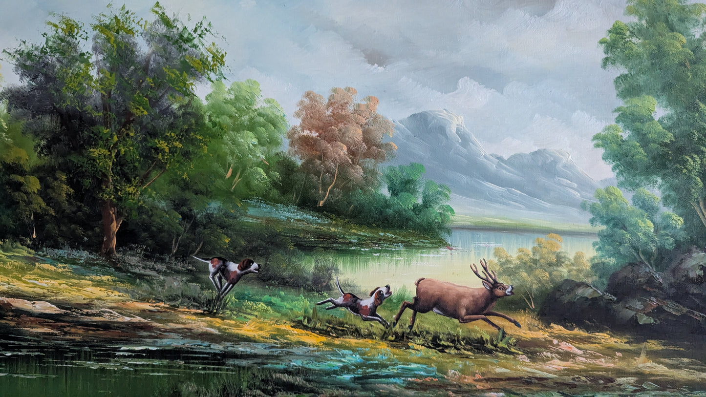 Signeerattu Metsästysaiheinen Öljyvärimaalaus