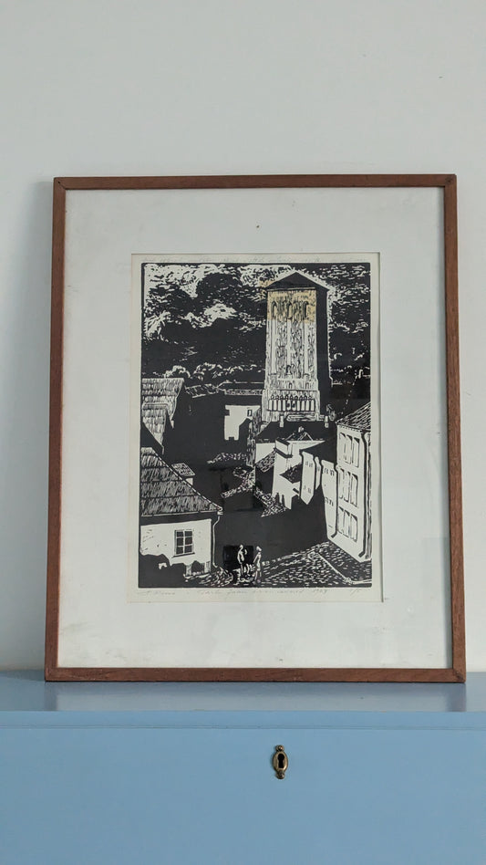 Aulin Rimm - Tarton Jaanin Kirkon Rauniot (Signeerattu Puupiirros 1969)