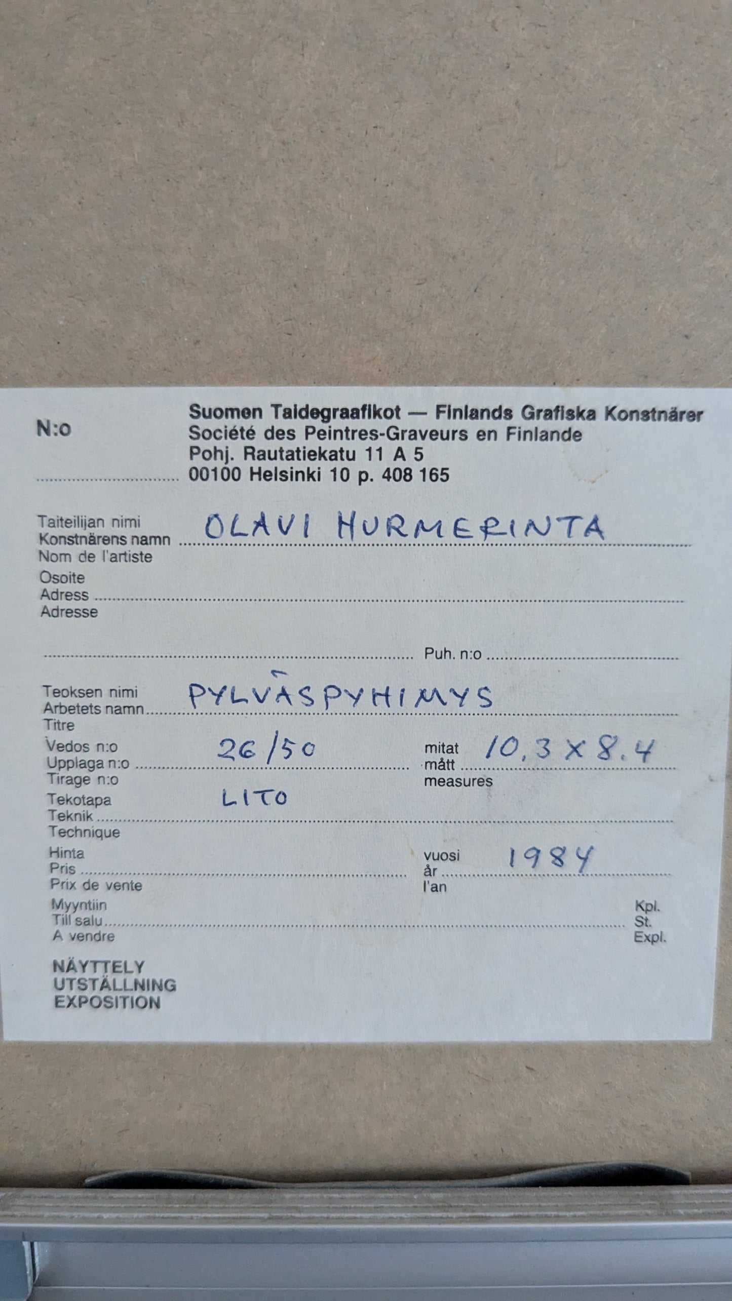 Olavi Hurmerinta - Pylväspyhimys (Signeerattu Litografia 1984)