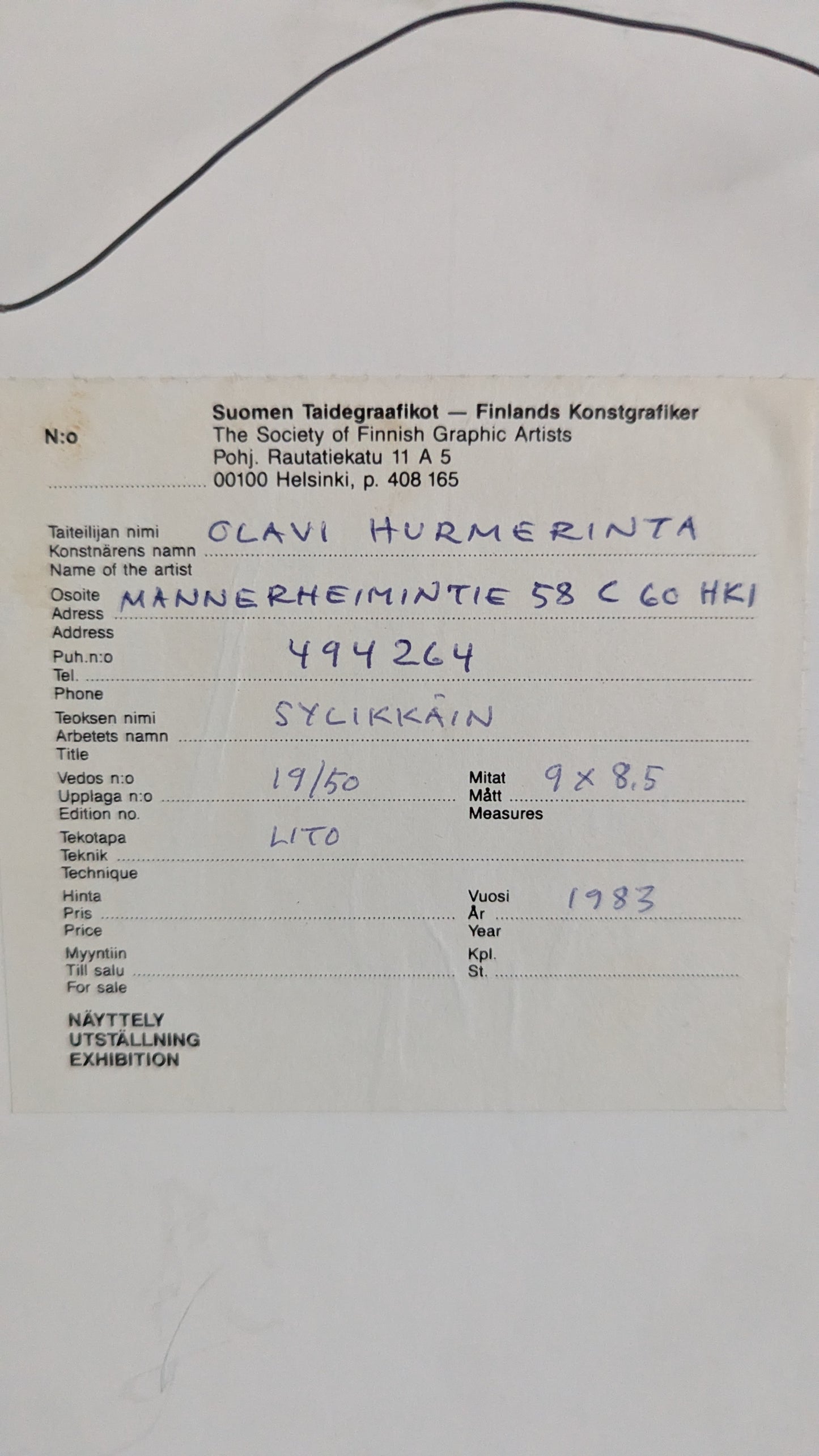 Olavi Hurmerinta - Sylikkäin (Signeerattu Litografia 1983)
