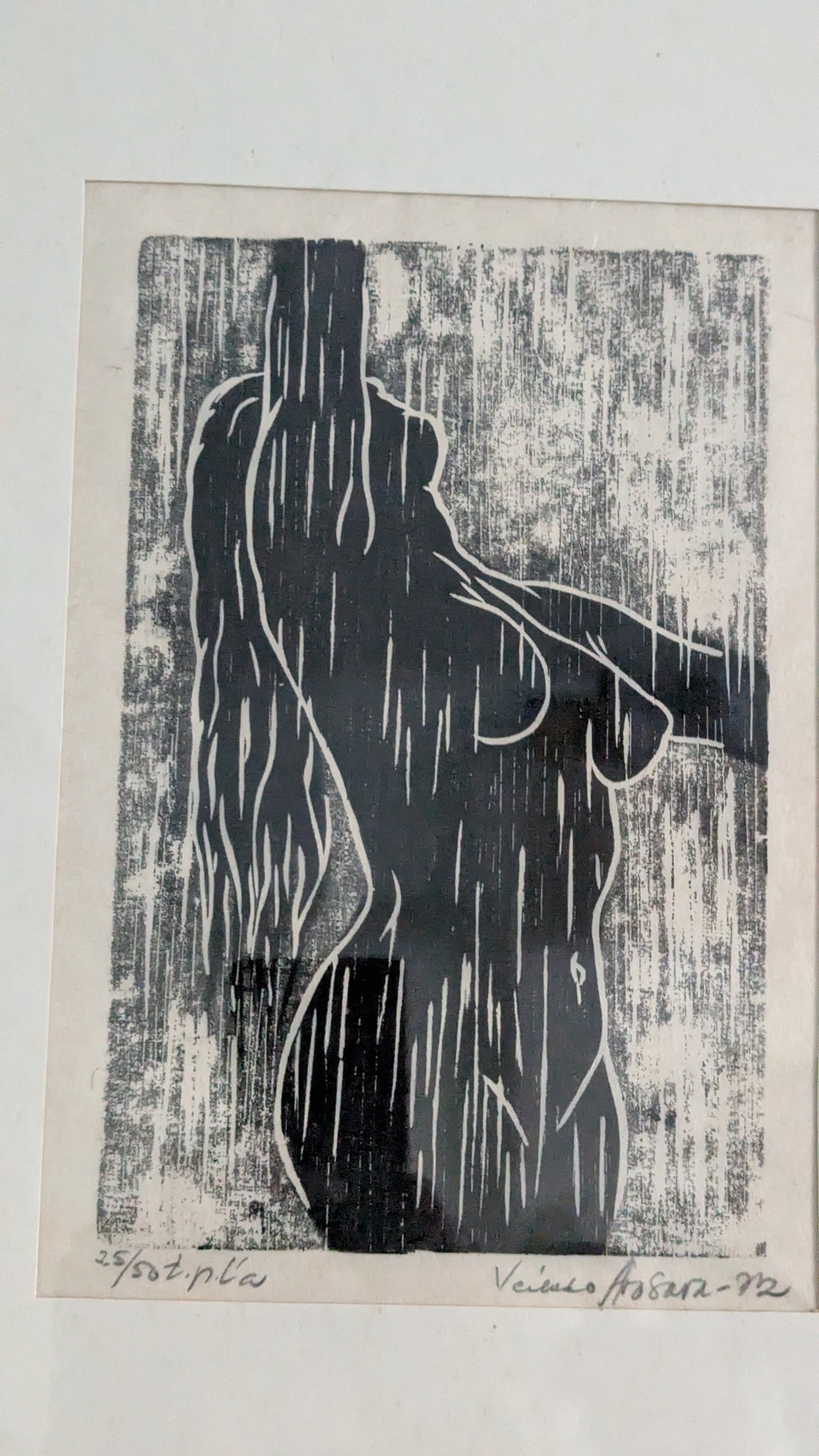 Veikko Arosara - Suihku (Signeerattu Puupiirros 1972)