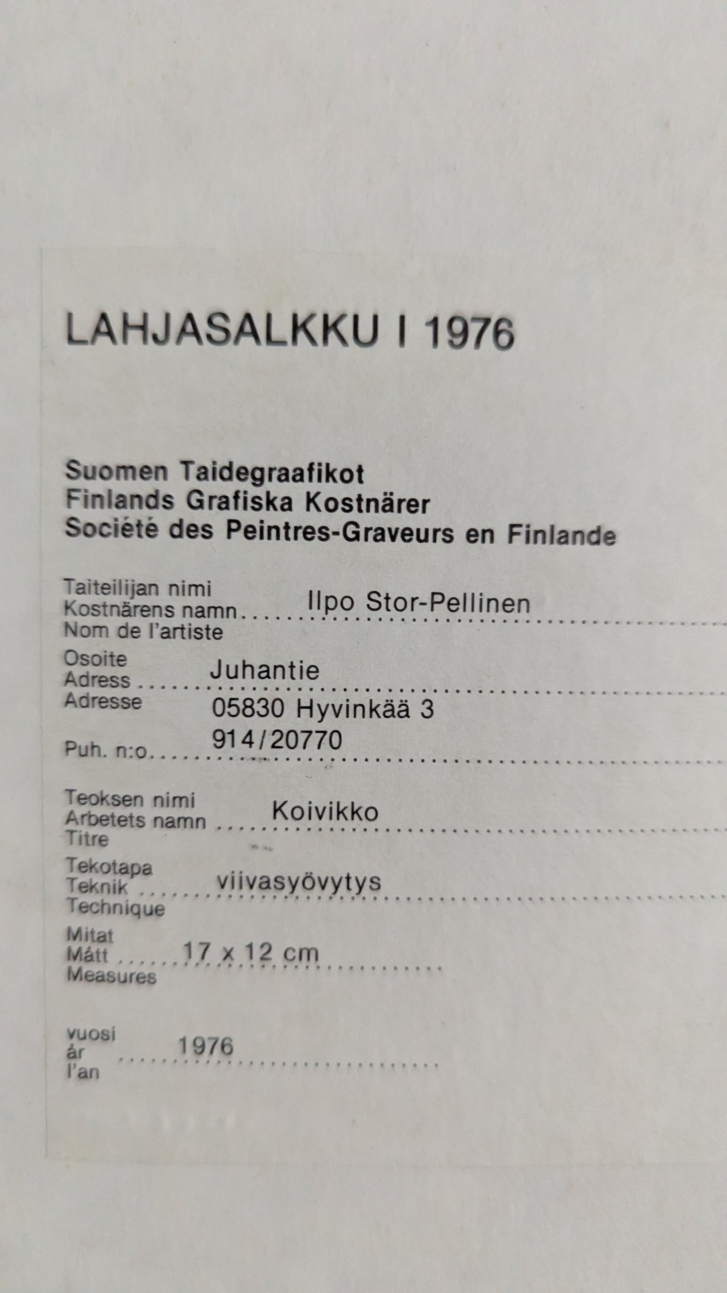 Ilpo Stor-Pellinen - Koivikko (Signeerattu Etsaus 1976)