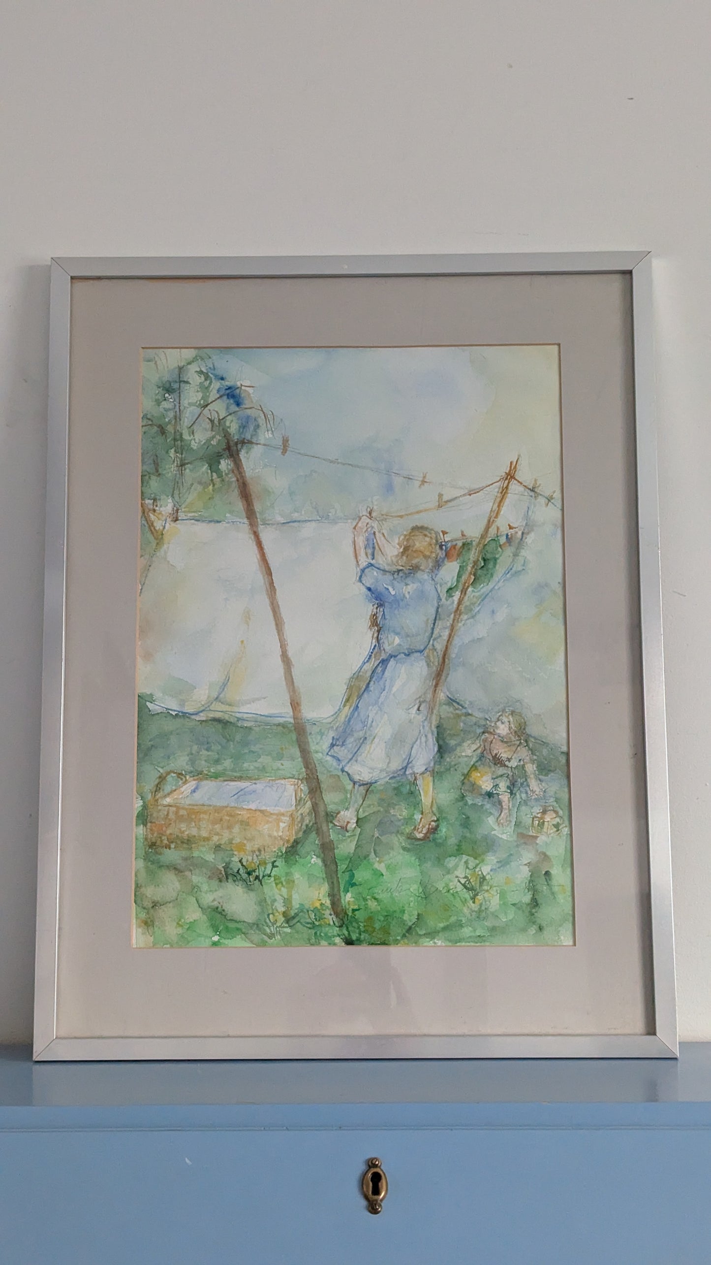 Tuula Uusitalo - Pyykkipäivä (Signeerattu Akvarellimaalaus 1985)