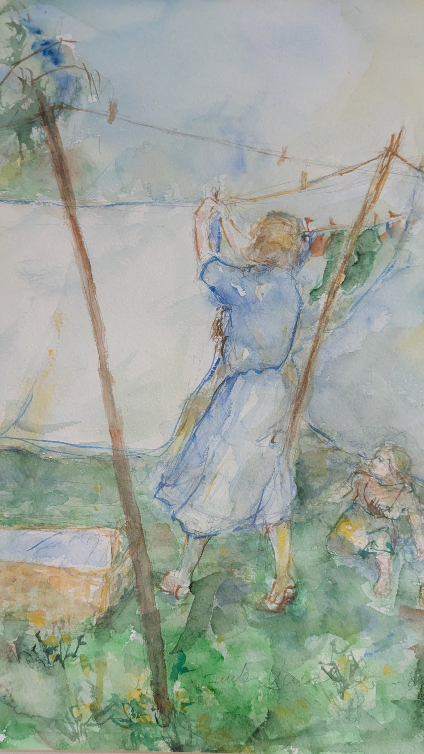 Tuula Uusitalo - Pyykkipäivä (Signeerattu Akvarellimaalaus 1985)