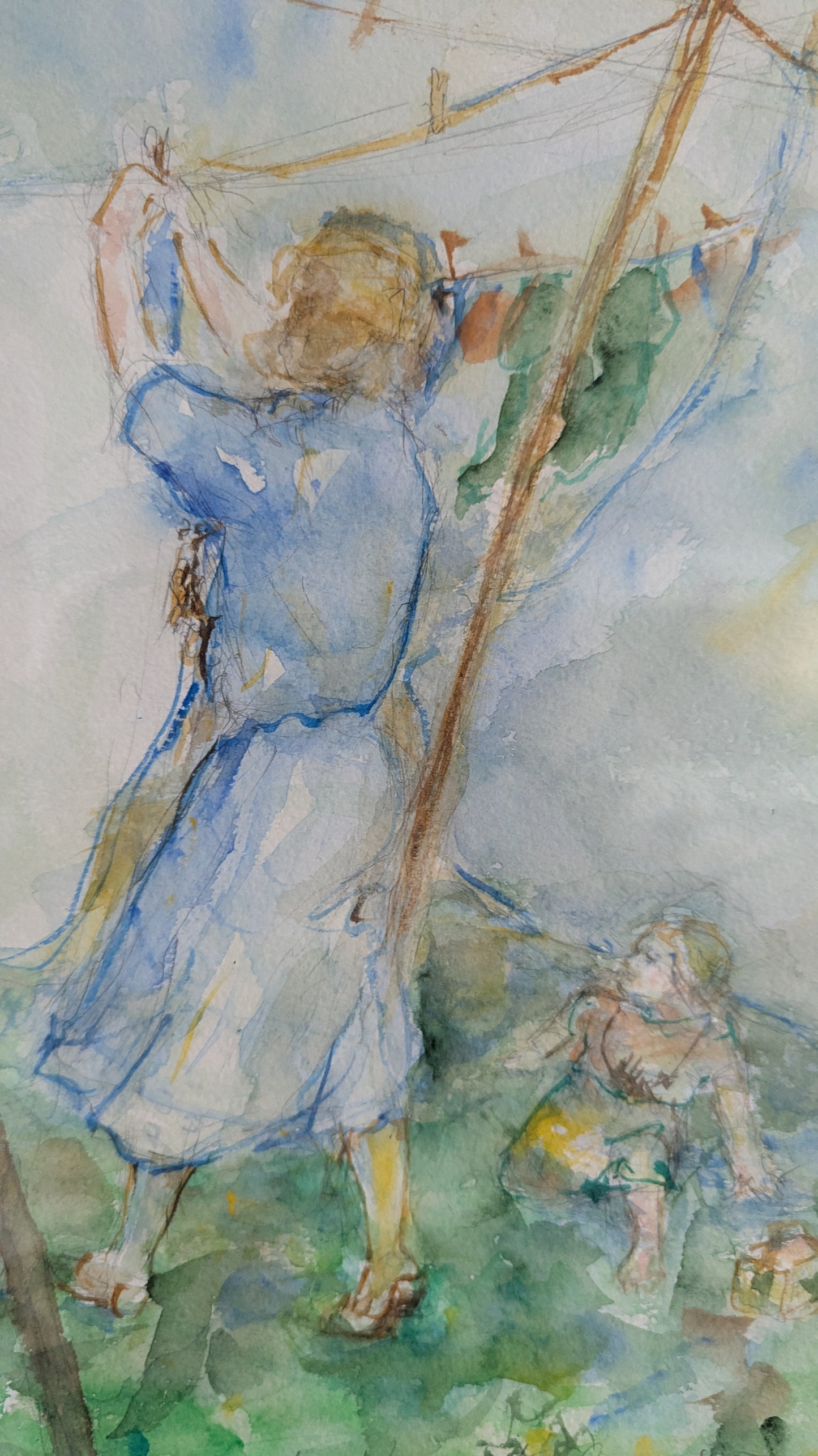 Tuula Uusitalo - Pyykkipäivä (Signeerattu Akvarellimaalaus 1985)