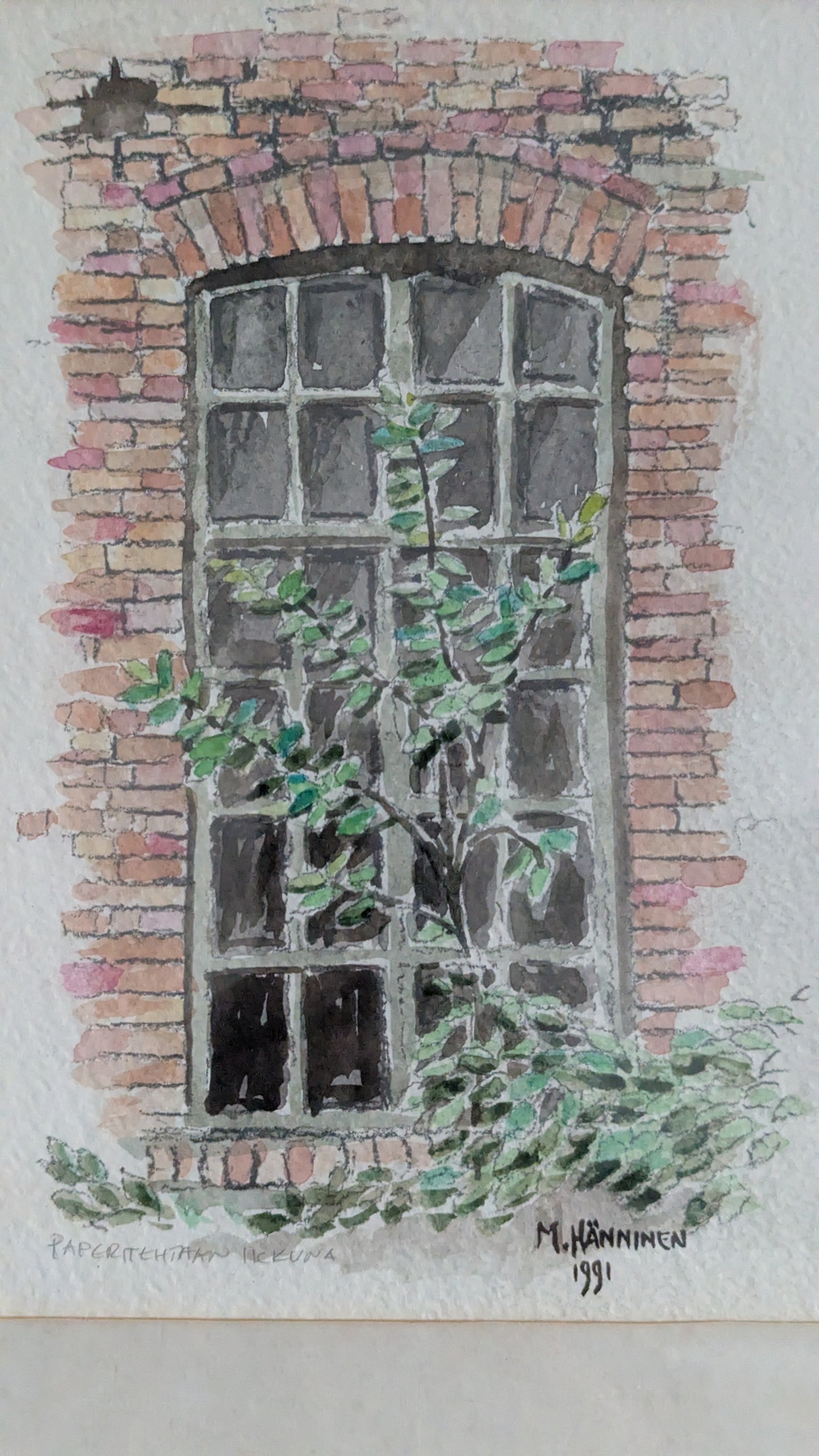 M. Hänninen - Paperitehtaan Ikkuna (Signeerattu Akvarellimaalaus 1991)