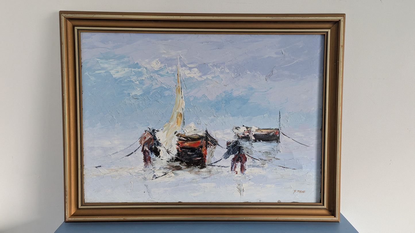 F. Pavone - Pescatori al Lavoro / Kalastajat Työssään (Signeerattu Öljyvärityö 1980)