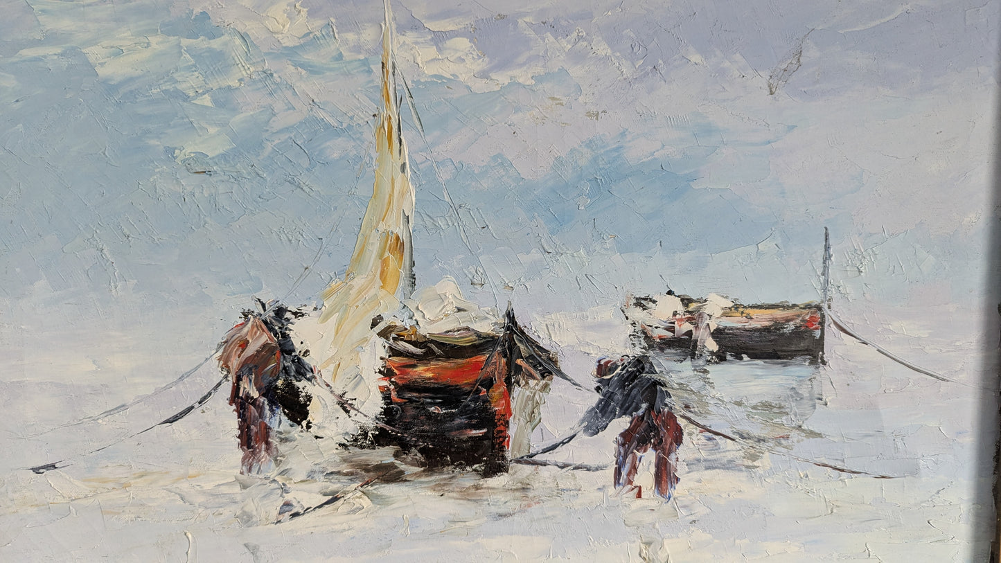 F. Pavone - Pescatori al Lavoro / Kalastajat Työssään (Signeerattu Öljyvärityö 1980)