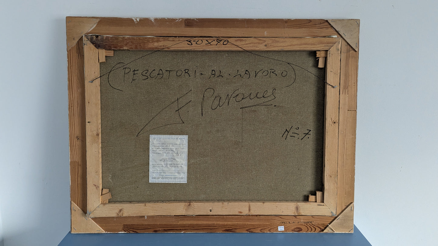F. Pavone - Pescatori al Lavoro / Kalastajat Työssään (Signeerattu Öljyvärityö 1980)