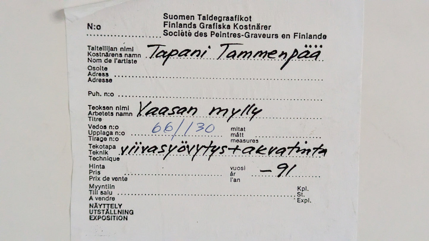 Tapani Tammenpää - Vaasan Mylly (Signeerattu Akvatinta 1991)