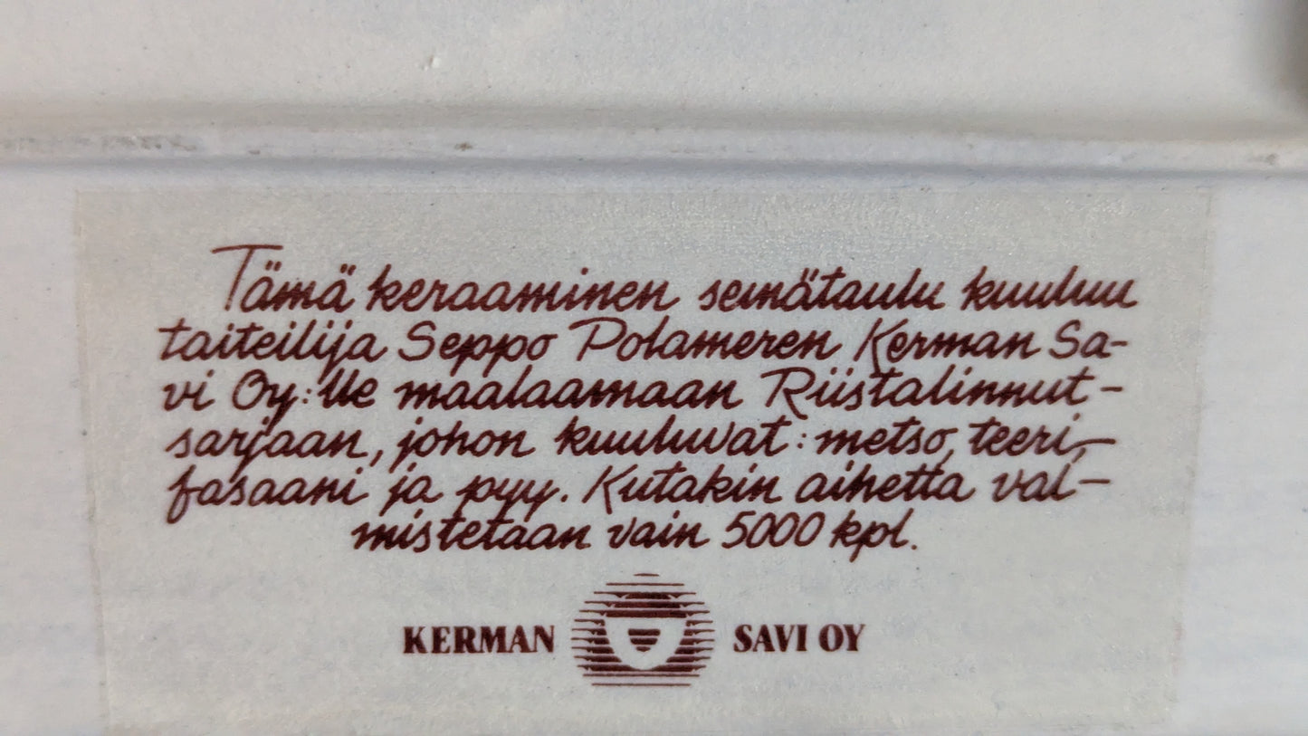 Kermansavi - Riistalinnut Fasaani Seinälaatta (1997-1999, Seppo Polameri)