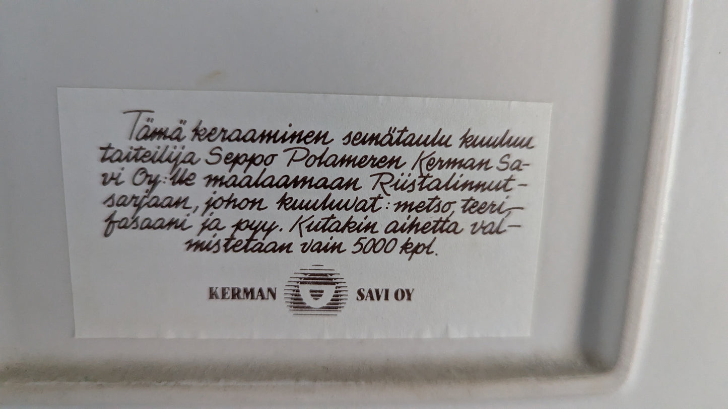 Kermansavi - Riistalinnut Teeri Seinälaatta (1997-1999, Seppo Polameri)