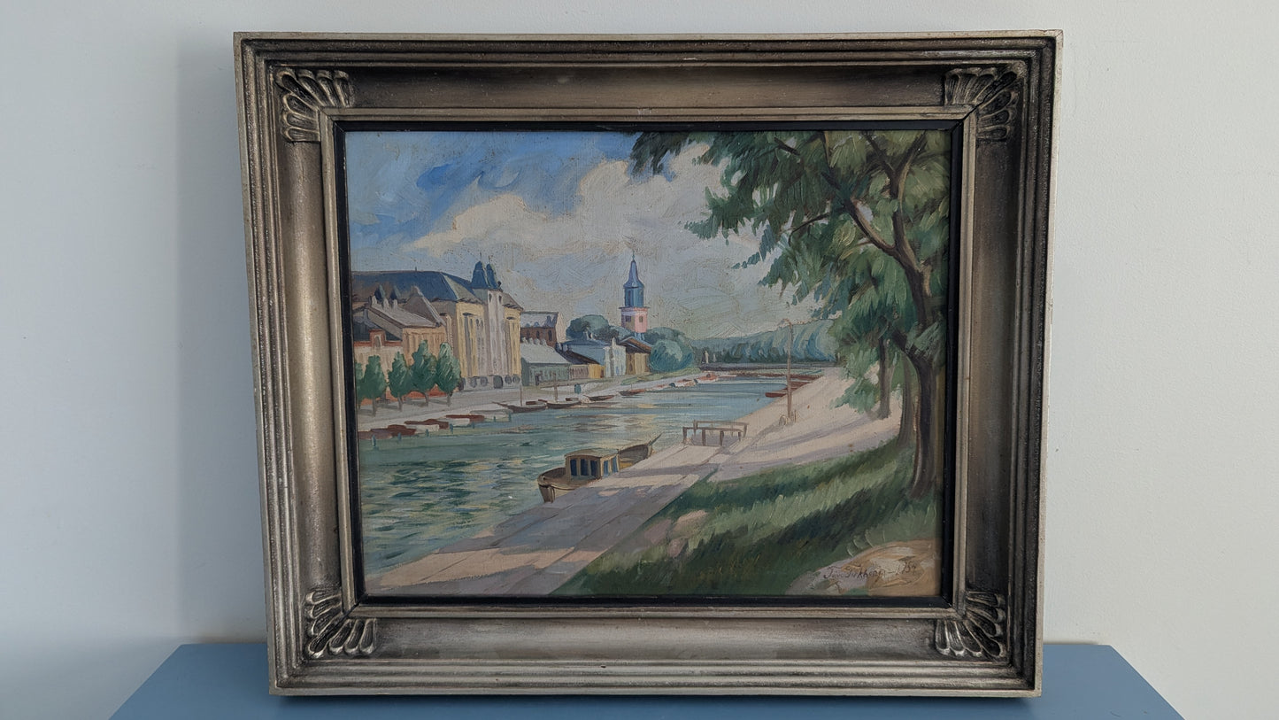 Toivo Tirkkonen - Aurajoki ja Tuomiokirkko (Signeerattu Öljyvärimaalaus 1954)