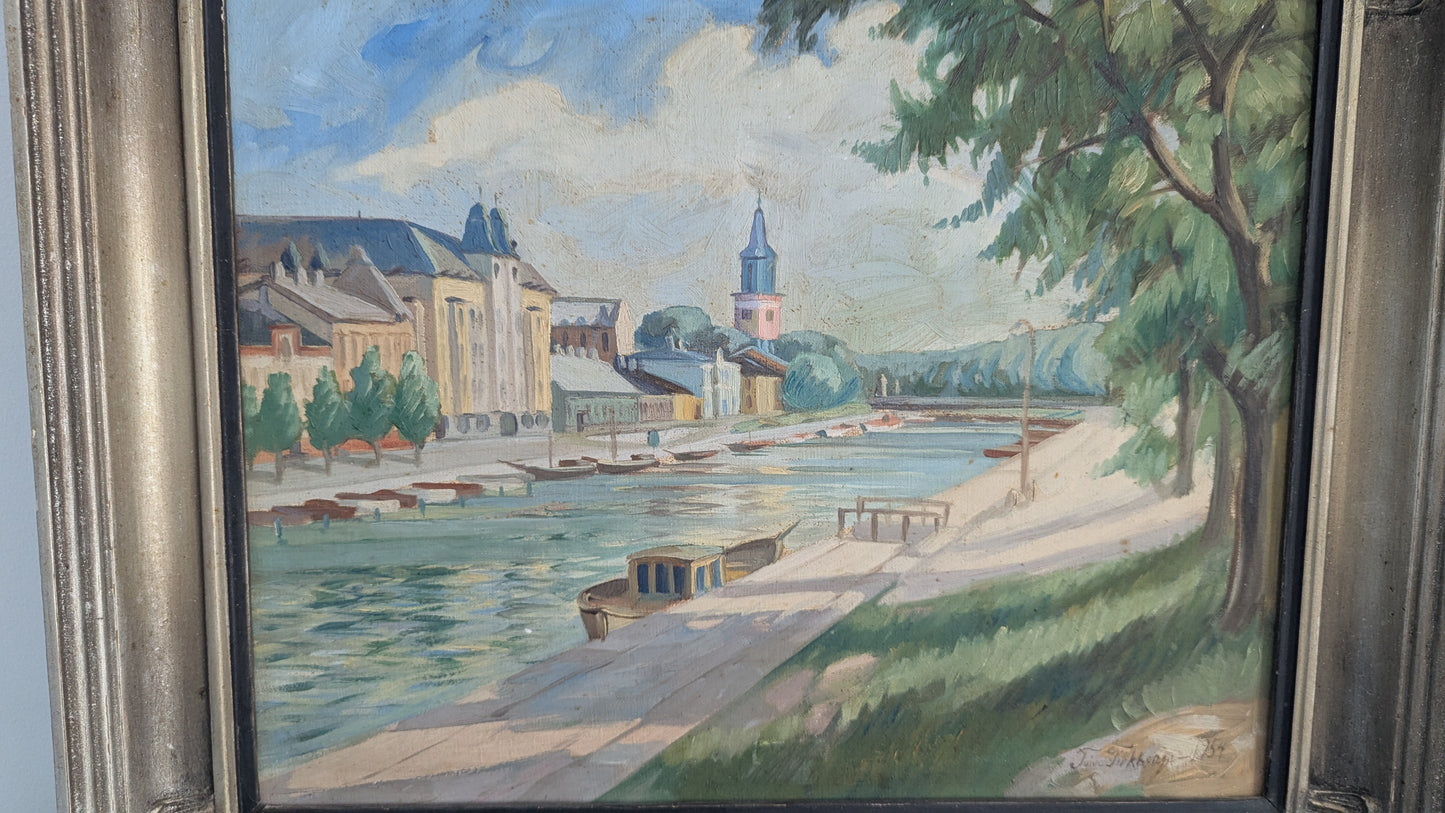 Toivo Tirkkonen - Aurajoki ja Tuomiokirkko (Signeerattu Öljyvärimaalaus 1954)