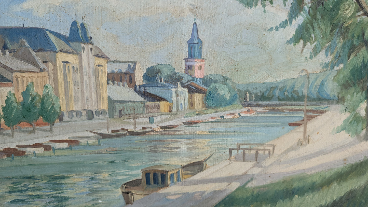 Toivo Tirkkonen - Aurajoki ja Tuomiokirkko (Signeerattu Öljyvärimaalaus 1954)