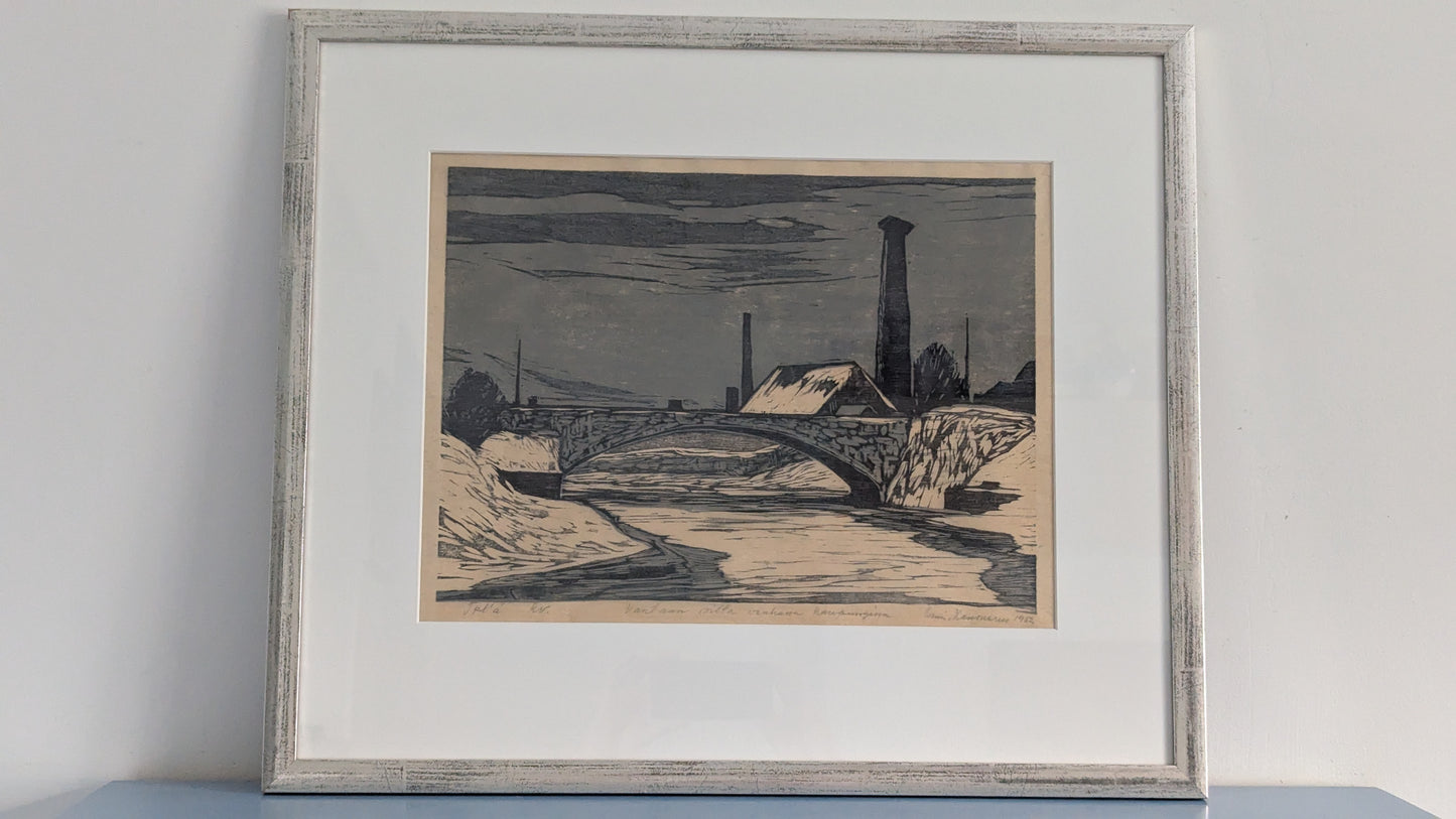 Onni Mansnerus - Vantaan Silta Vanhassa Kaupungissa (Sign. Puupiirros 1952)