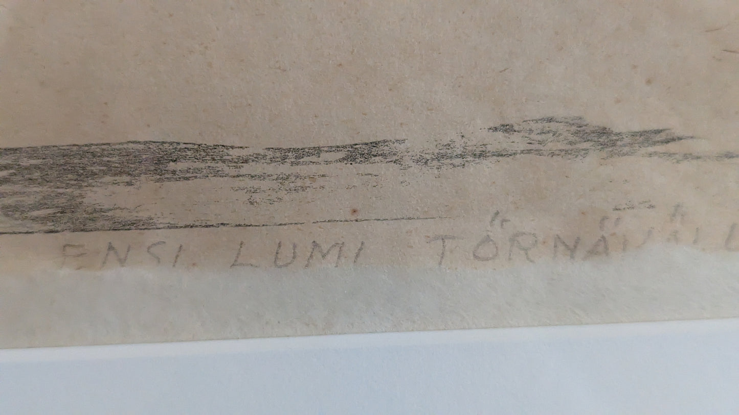 Onni Mansnerus - Ensilumi Törnävällä (Signeerattu Puupiirros 1949)