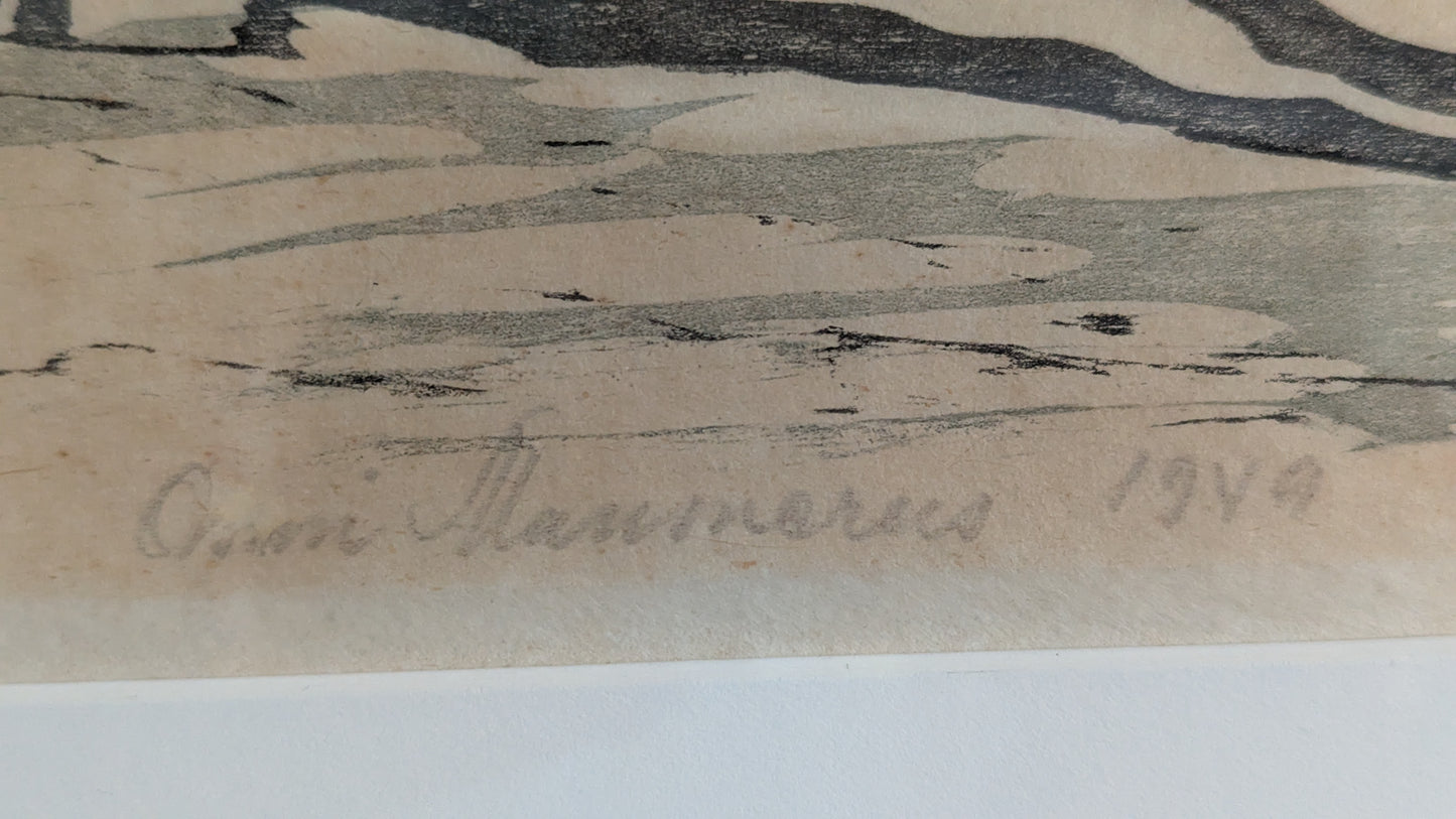 Onni Mansnerus - Ensilumi Törnävällä (Signeerattu Puupiirros 1949)