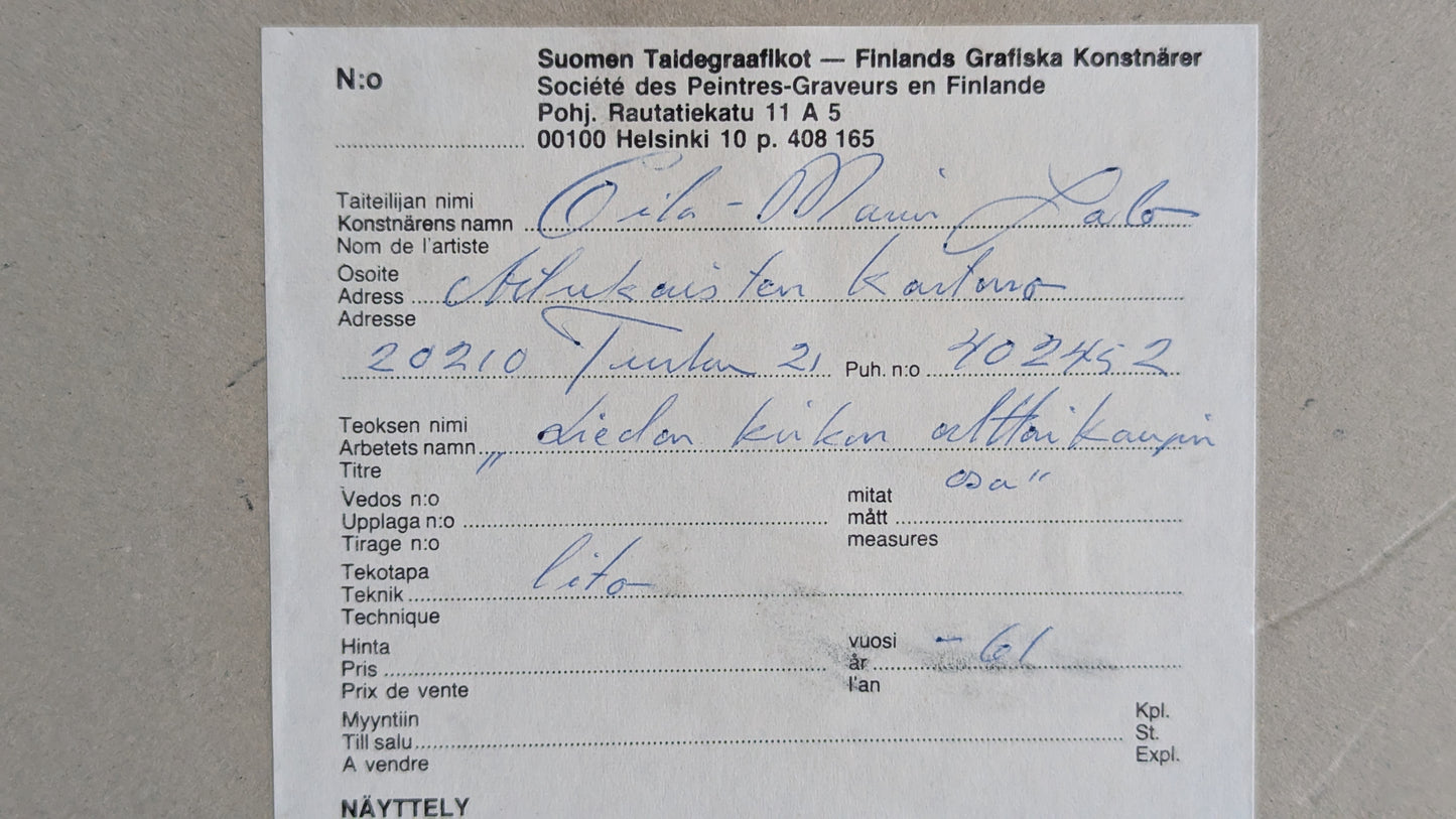 Eila-Maria Salo - Liedon Kirkon Alttarikaapin Osa (Signeerattu Litografia 1961)