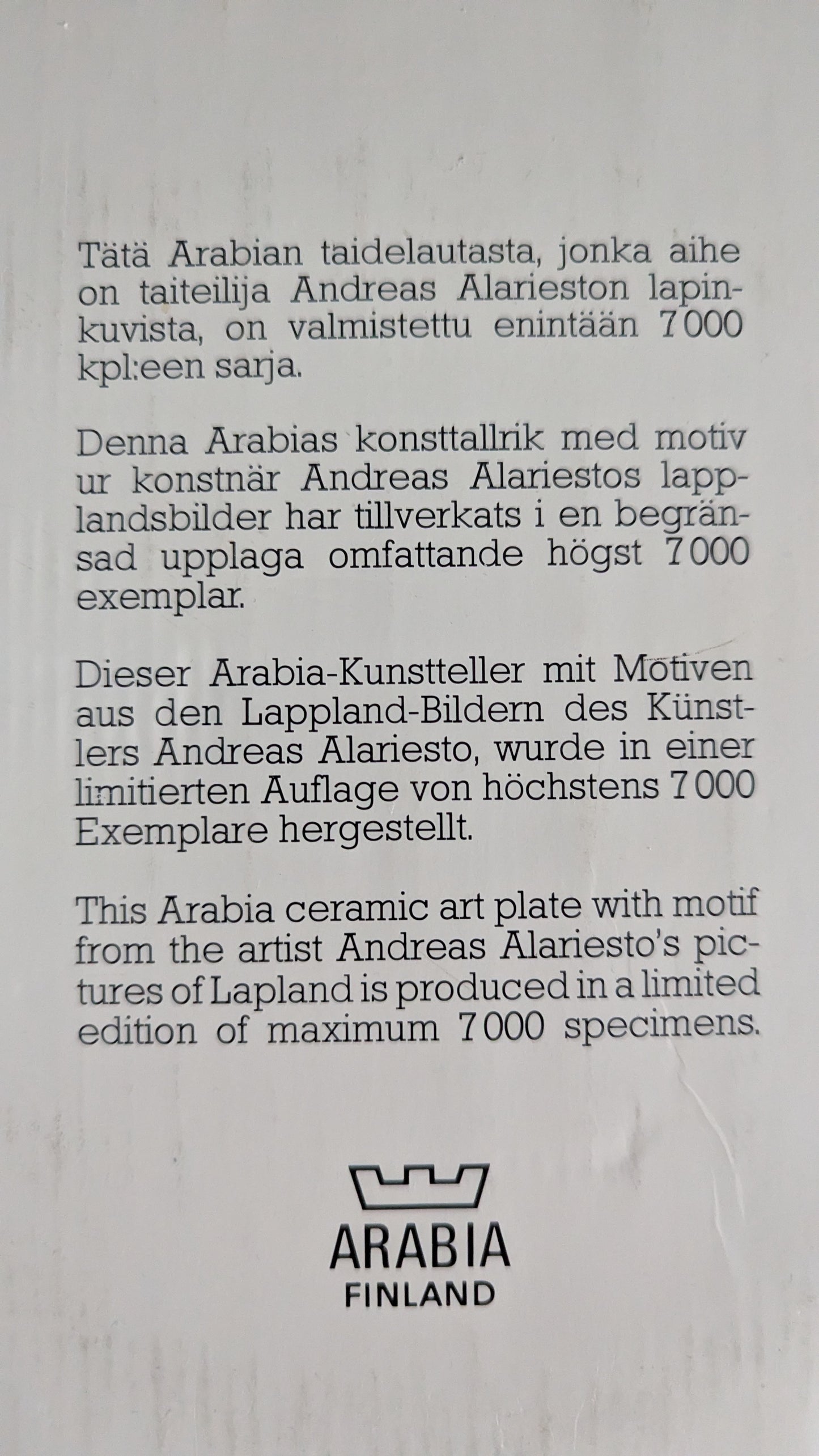 Arabia - Arabia Art 1980 Seinälautanen (Andreas Alariesto, Alk. Pakkauksessa)