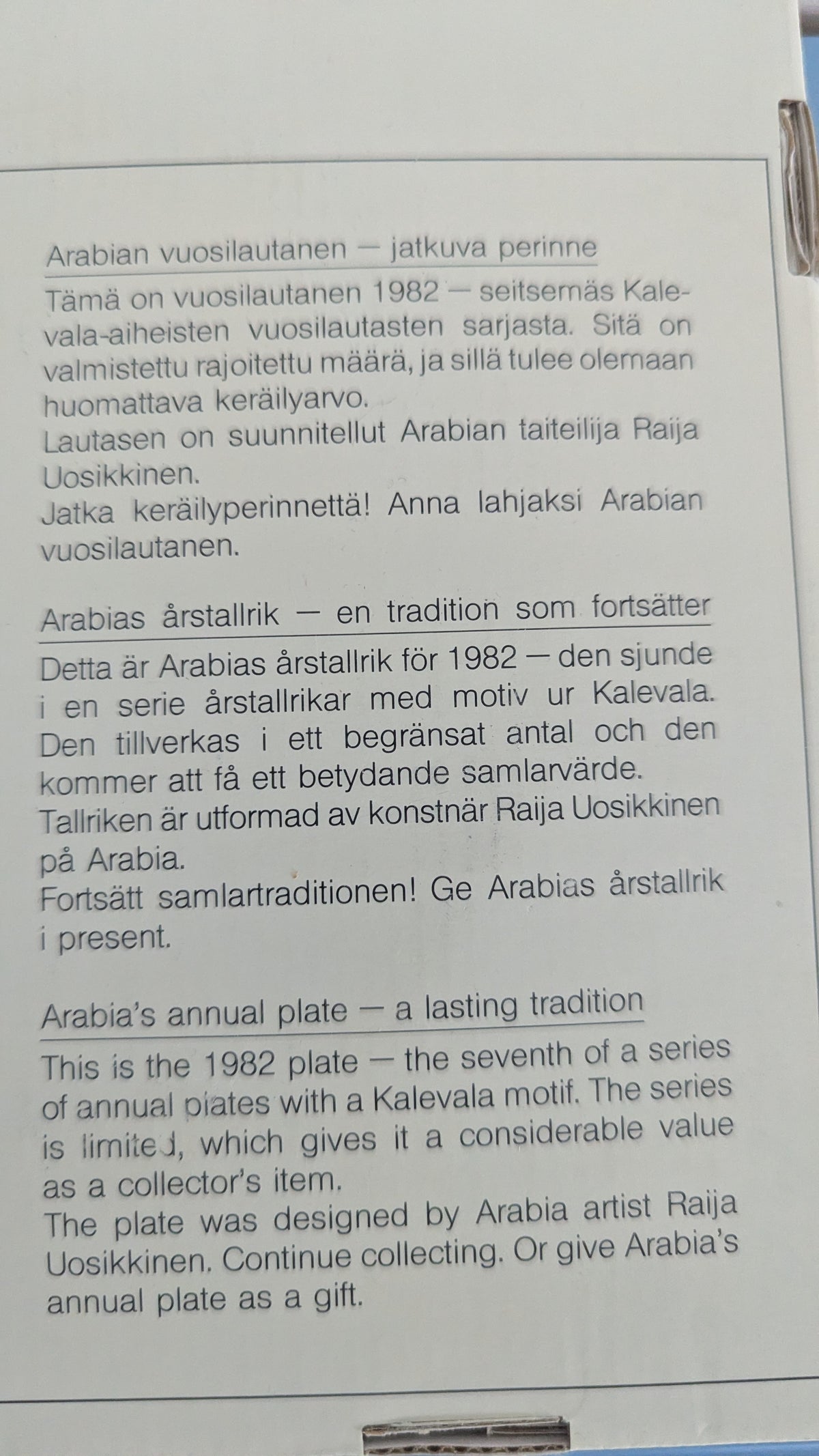 Arabia Kalevala Vuosilautanen 1982 (Alkuperäisessä Paketissa, Raija Uosikkinen)