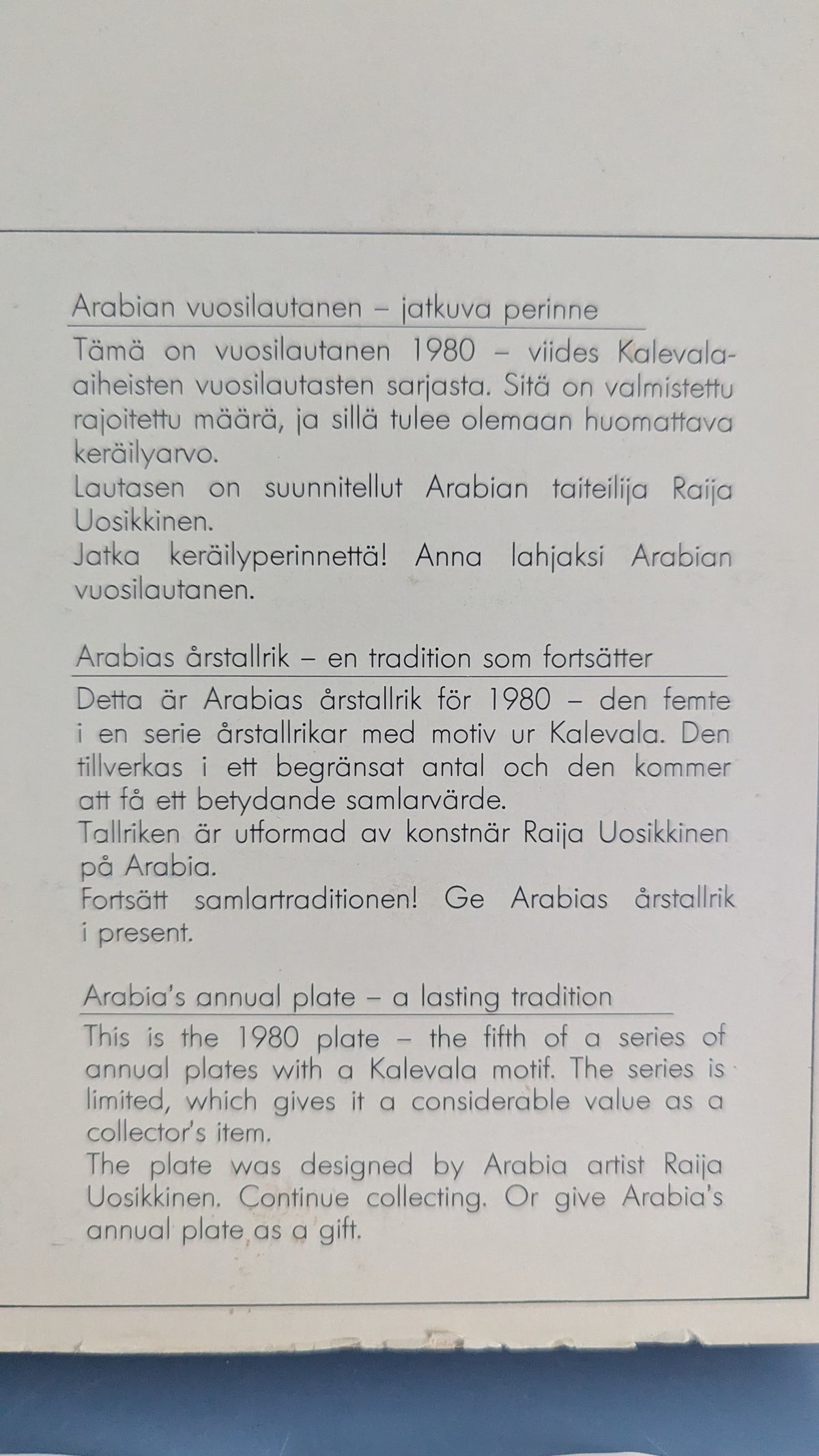 Arabia Kalevala Vuosilautanen 1980 (Alkuperäisessä Paketissa, Raija Uosikkinen)