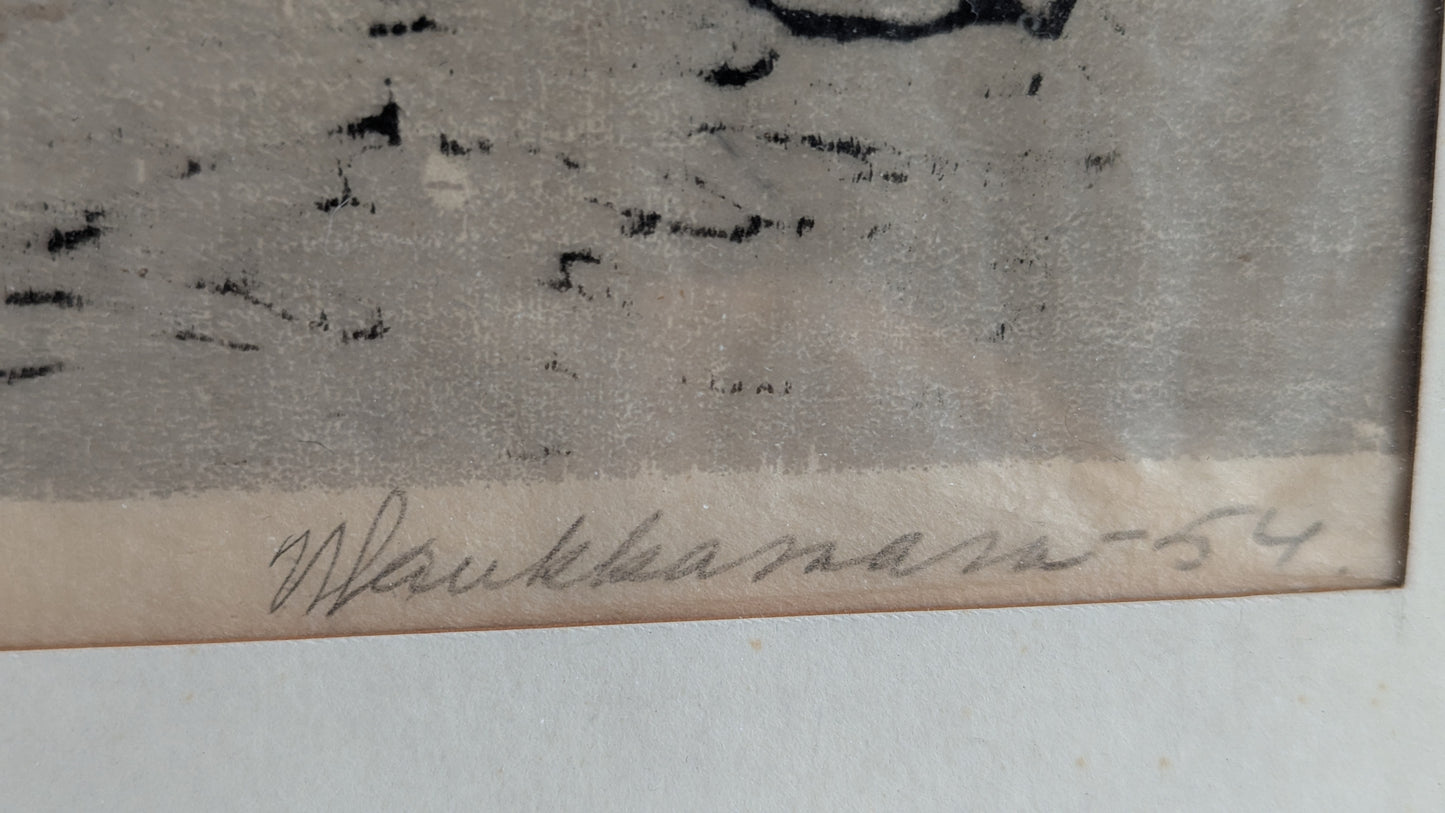 Veikko Haukkavaara - Pilkkijät (Signeerattu Puupiirros 1954)