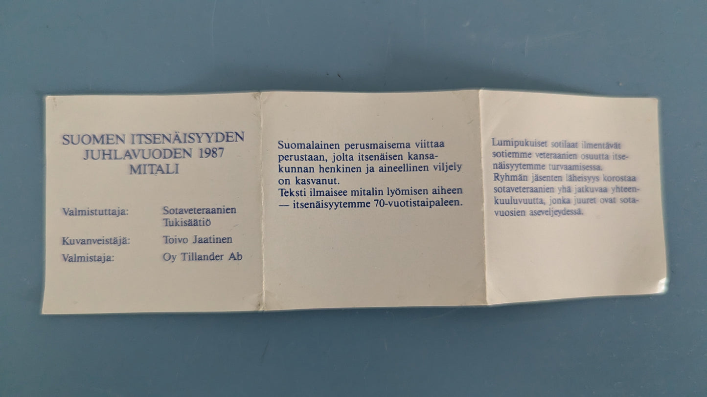 Tillander - Itsenäinen Suomi 70 Vuotta Mitali (1986, Toivo Jaatinen)