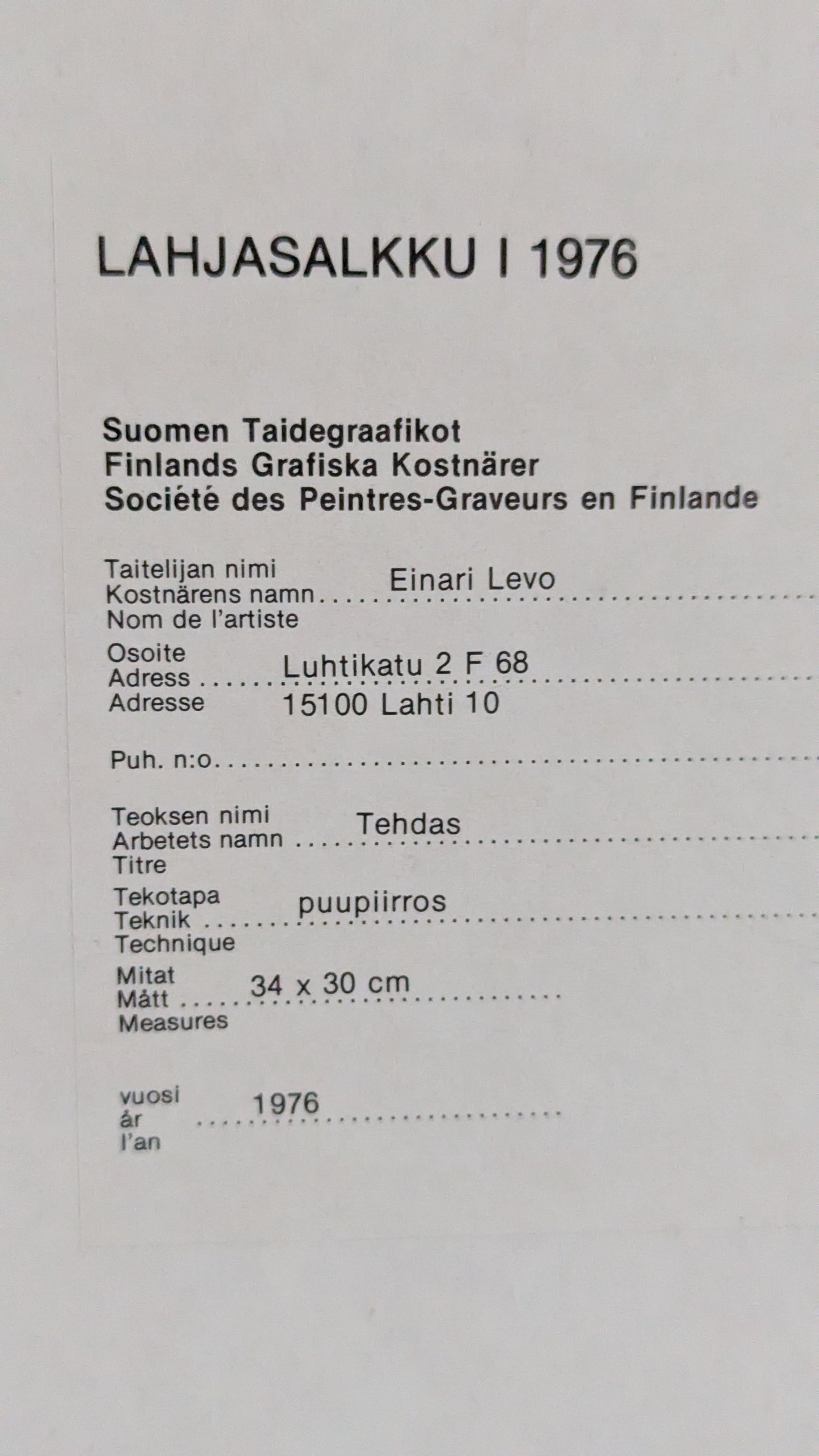 Einari Levo - Tehdas (Signeerattu Puupiirros 1976)