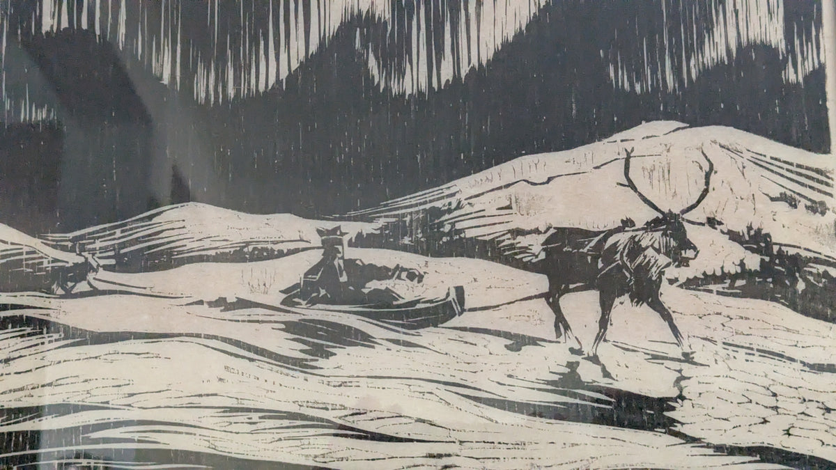 Aukusti Tuhka - Revontulet (Signeerattu Puupiirros 1937, 1960)