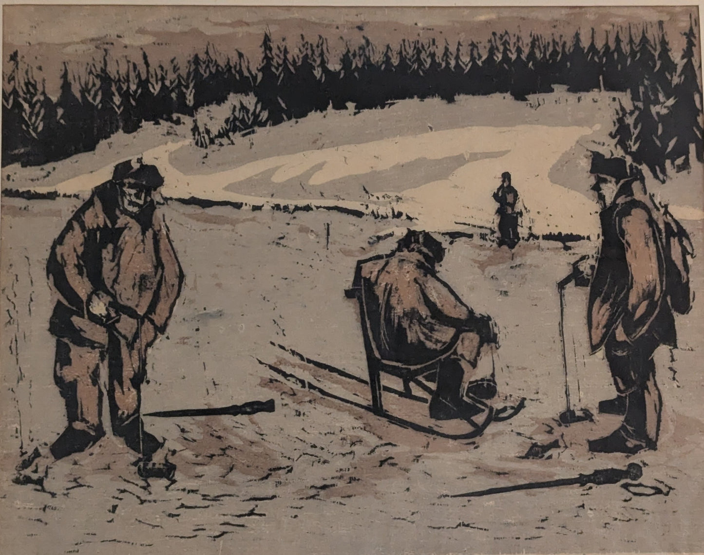 Veikko Haukkavaara - Pilkkijät (Signeerattu Puupiirros 1954)